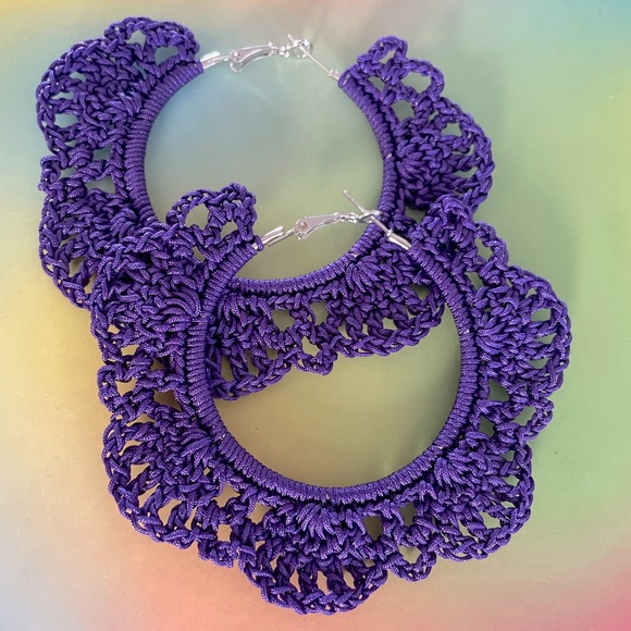 CROCHET LACEY HOOP EARRINGS- ROYAL PURPLE - Picture 1 of 3